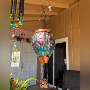 Solar NWT in box Hot Air Balloon Lighting Flamingo Glass Lantern - Teal & Pink.